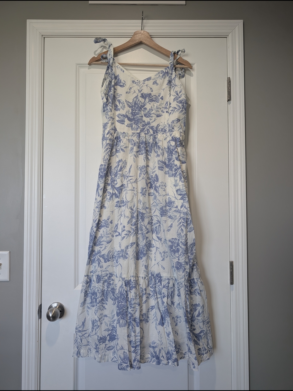 Gap Blue Toile Floral Midi Dress 12 Tall Tie Shoulder Smocked Pockets
